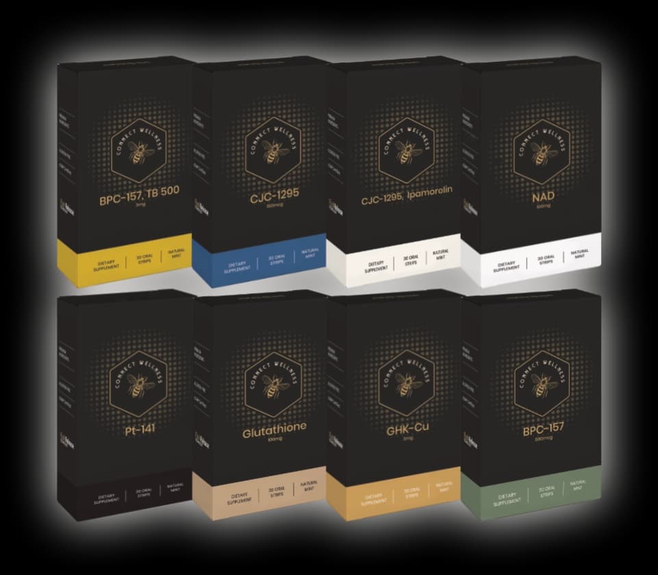 The full Connect Wellness collection of dissolvable oral strip packages, arranged in a grid
